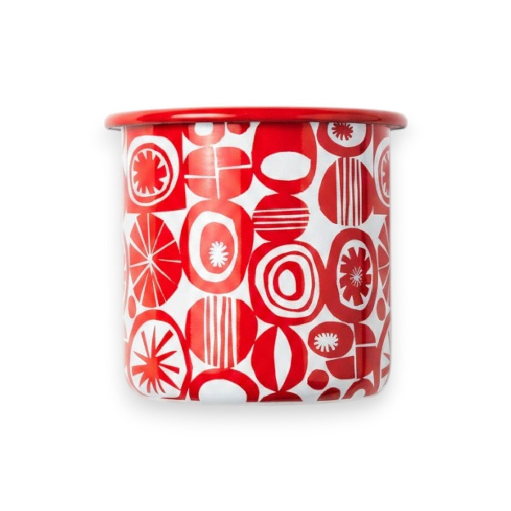Lori Siebert Enamel Cup Red White Mid-Century Mod Retro MCM Xmas Holiday Pop Art